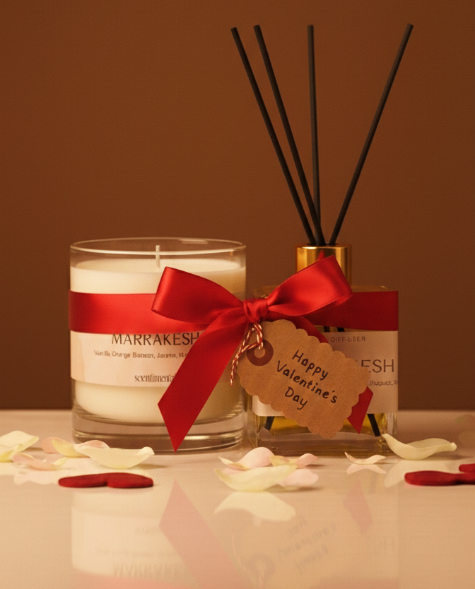 Candle with red ribbon and diffuser with decorative tag on a reflective surface.